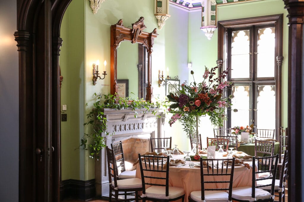 Decorated dining room at Fowler House Mansion in Lafayette, Indiana