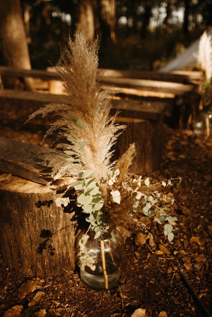 pampas grass in bottles for fall outdoor wedding ceremony